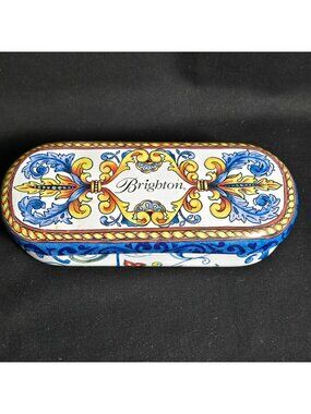 Brighton Sunglass Case Eyeglass Hinged Tin Box Scroll Floral Blue White 6"